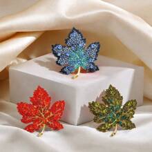 1pc Maple Leaf Alloy Brooches - Ombre Blue/Red/Green Rhinestones On Golden Plated Base, Women's Autumn-Inspired Accessory Set