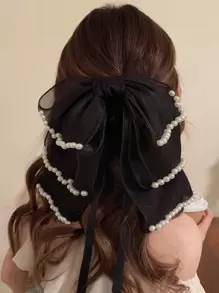 1pc Women Fairy Style Ribbon Bow Hairclip (Random Faux Pearls), Romantic Mori Style Hair Accessory Clip For Partial Updo,Hair Accessories,Hair Claw,Claw Clips,Hair Clutch,Hair Jaw Clip