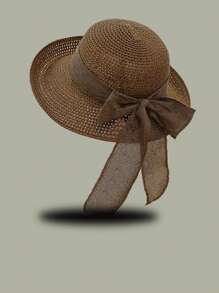 1pc Women Ribbon Solid Color Straw Hat, Fashion Elegant Sunscreen Beach Hat With Linen Bowknot, Suitable For Summer Outings, Beach, Vacation, And Casual Wear