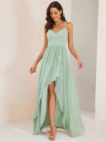 EVERPRETTY Chiffon Spaghetti Strap Ruffled Front Slit A-Line Bridesmaid Dress - Mint Green - View 1