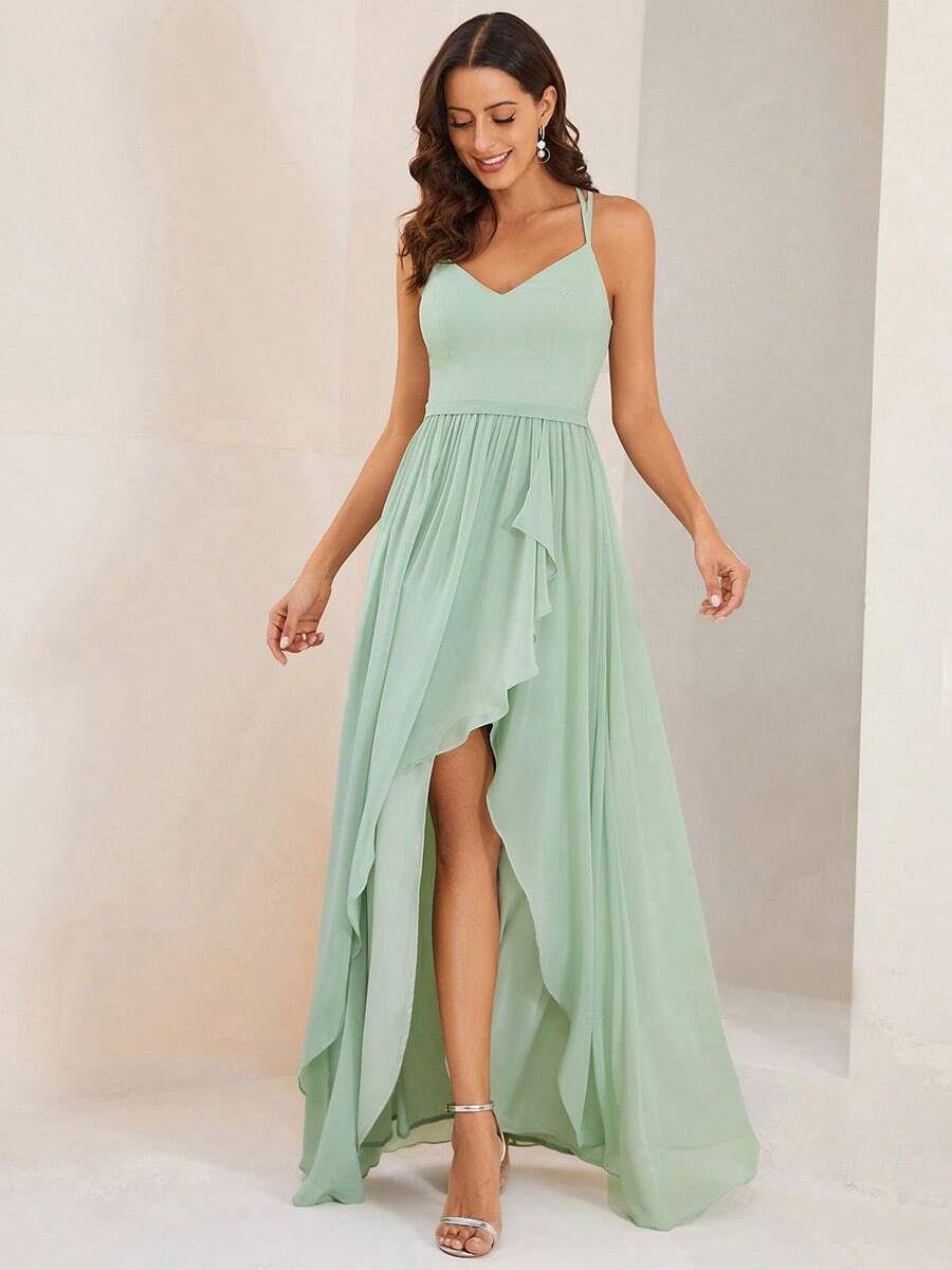 EVERPRETTY Chiffon Spaghetti Strap Ruffled Front Slit A-Line Bridesmaid Dress - Mint Green - View 1