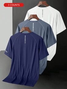 3 Stücke Herren Rundhals Kurzarm T-Shirts Set mit Buchstabenaufdruck für legere Outdoor-Sportaktivitäten (Dunkelblau + Blaugrau + Weiß)