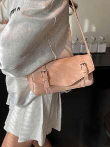 时尚简约粉色 PU 翻盖法棍包，女士通勤百搭单肩包，约会购物小方形斜挎包，节日礼物 - 粉色 - 查看 5