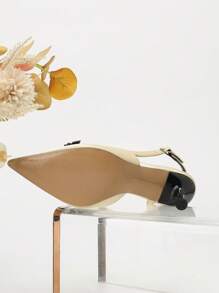 Zapatos de tacón alto con puntera abierta, combinación de dos colores, lazo incrustado, correa trasera, tacón alto delgado, adecuados para el trabajo y fiestas