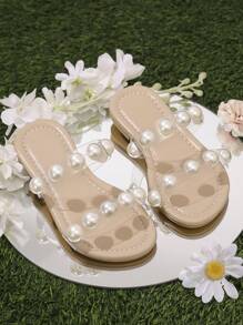 Girls Faux Pearl Decor Strap Sandals Casual Beach Slippers, Available In Small, Medium And Large Sizes, 2025 New Collection - White - View 5