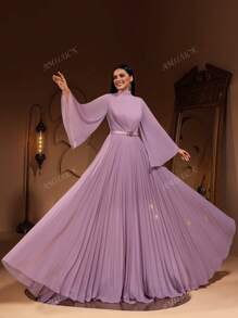 New Luxury Fashion Elegant Women'S Banquet Dress With Ruched Flare Sleeve Chiffon,Party Dress,Gown,Formal,Evening,Wedding Guest