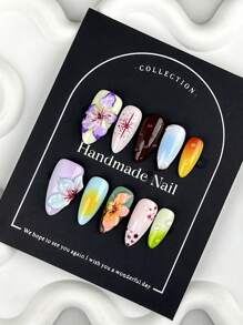 10 stuks kleurrijke amandelkunstnagels voor vingers met natuurlijke en gladde randen voor professionele nagelsalons (het werkelijke patroon kan enigszins afwijken van de afbeelding vanwege het handwerk)