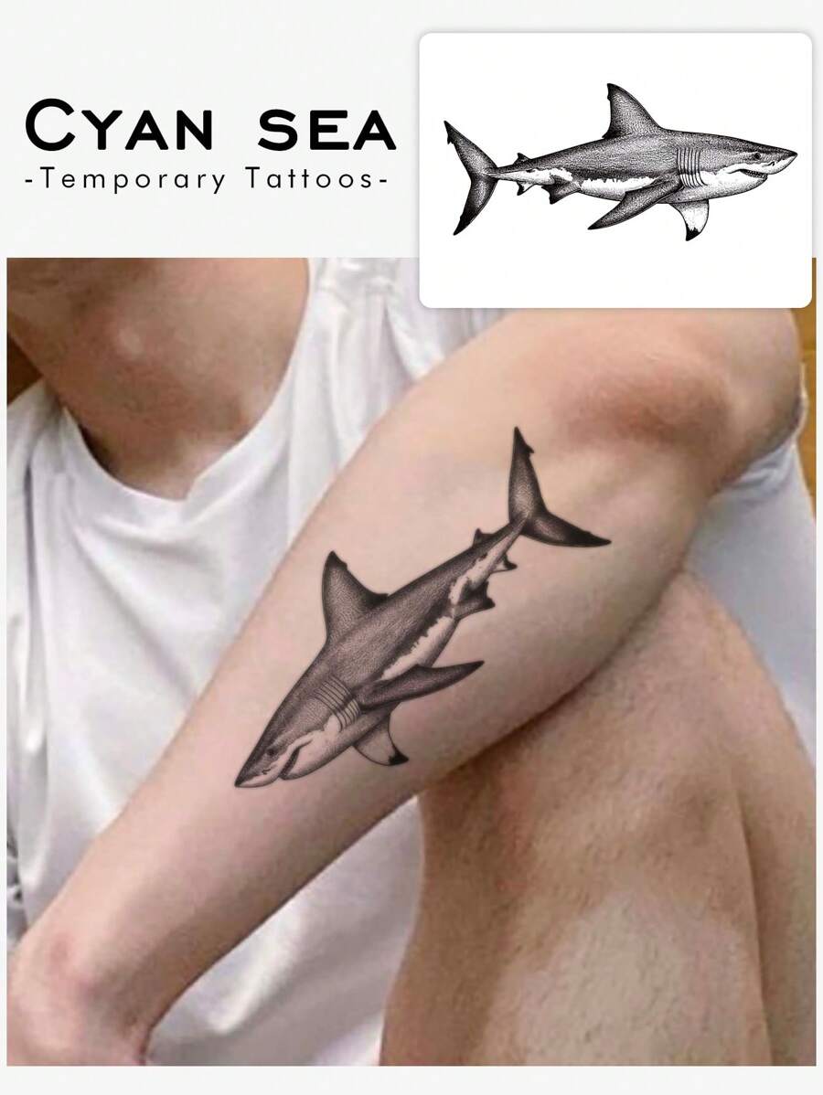 1/2 Pcs Waterproof, Sweat-Proof, No-Reflection Classic Shark Temporary Tattoo Stickers, Suitable For Fashionable People In Daily Use - Black - View 1