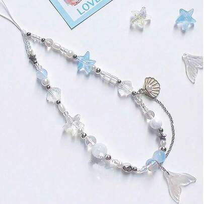 1pc Mặt dây chuyền vỏ sò công chúa tiên cá tự làm nguyên bản cho điện thoại di động Lange thủ công DIY đính hạt CCD Chuỗi máy ảnh Quà tặng cho mẹ, gia đình, bạn bè, sinh nhật, ngày lễ Mặt dây chuyền điện thoại, Dây chuyền điện thoại