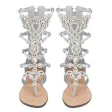 Women's Rhinestone Gladiator Sandals With Shiny Gem Details, Flat Summer Sandals For Beach, Weddings, And Casual Outfits - Perfect For Bridal, Bohemian, And Dressy Occasions - 1125-7銀色 - 查看 1