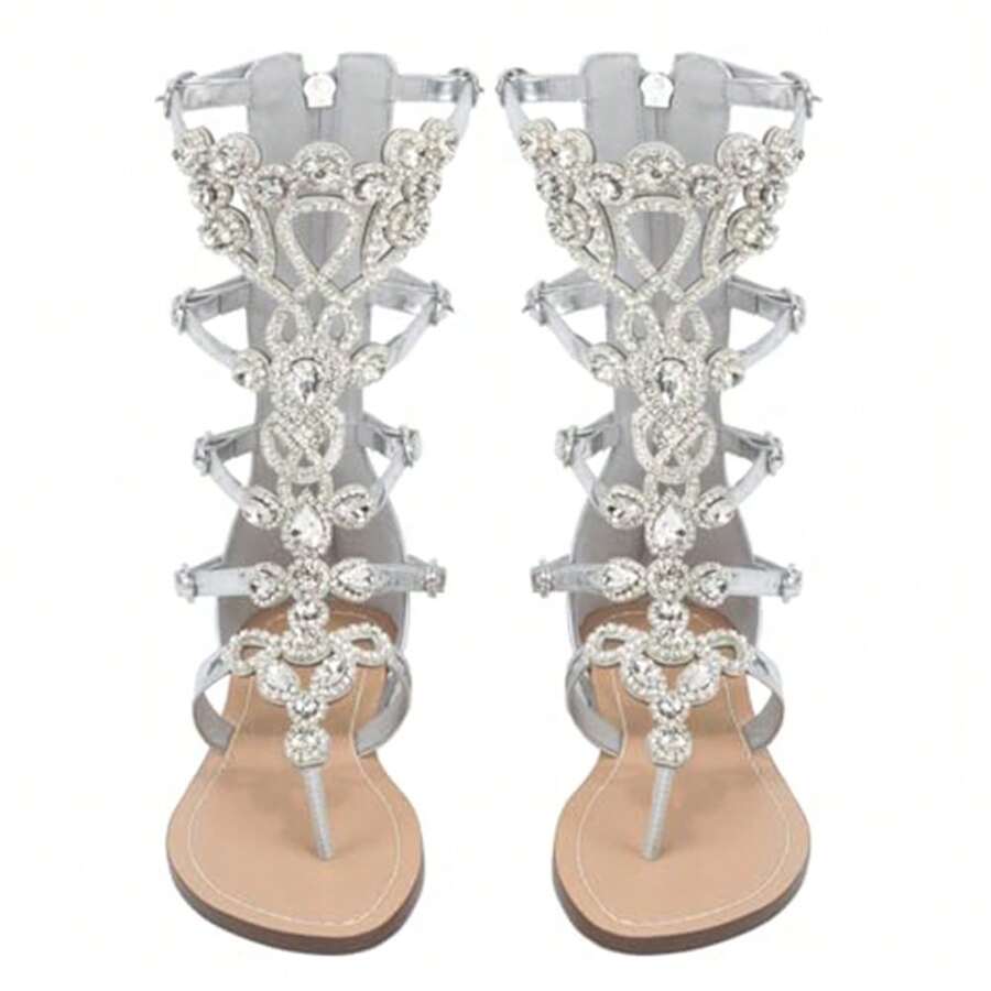 Women's Rhinestone Gladiator Sandals With Shiny Gem Details, Flat Summer Sandals For Beach, Weddings, And Casual Outfits - Perfect For Bridal, Bohemian, And Dressy Occasions - 1125-7銀色 - 查看 1