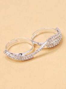 STONEFANS 1pc Silver Luxury Double Finger Ring, Fashionable Unique High-End Fully Rhinestone Decorated Finger Ring Jewelry For Women