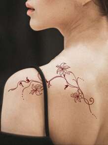 1 pièce Tatouage temporaire style art d'Asie de l'Est, fleur rouge, imperméable, anti-transpiration, usage unique, adhésif pour bras/dos, convient pour l'utilisation quotidienne des personnes à la mode