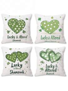 4pcs Lucky Clover & Cap Decor Cushion Covers, Festive Atmosphere, Suitable For St. Patrick's Day And Holiday Decoration Gifts Birthday Graduation