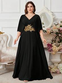 UNITHORSE Plus Size V-Neck Batwing Sleeve Front Embroidered & Beaded Decor Chiffon Cocktail Dress - Black - View 4