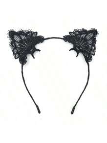 3pcs Set Sexy Black Lace Bell, Black Lace Cat Ears Headband, White Lace Gloves & Choker, Cat Girl Princess Costume