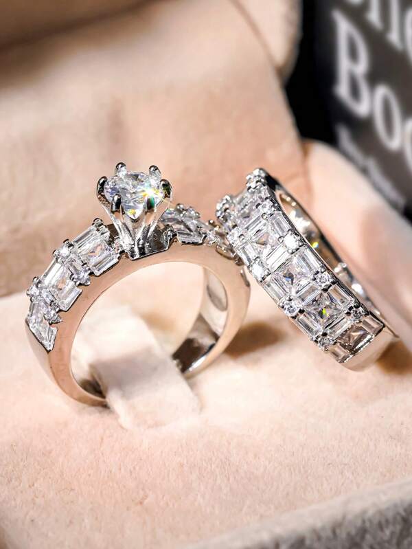 2 Pcs/Set Classical Cubic Zirconia Ring For Women For Wedding Engagement Anniversary Party Jewelry Valentine's Day Gift