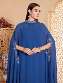 Women's Solid Color Stand Collar, Cuff & Neckline Embellished With Beading, Rhinestones, Asymmetrical Hem Long 2 Pieces Arabic Abaya, Suitable For Various Occasions - Festivals, Gatherings, Daily Wear, Soft & Comfortable - Blue - View 6