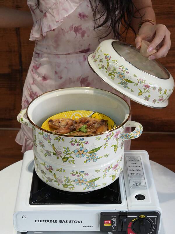 1 pieza Olla de vapor de esmalte, utensilios de cocina de gran capacidad y uso múltiple, olla de vapor pequeña de doble capa pintada gruesa, portátil para picnic y camping al aire libre