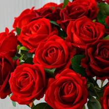 52cm Velvet Artificial Red Rose Bouquet - Realistic Silk Roses For Wedding, Engagement And Home Decoration - Romantic Table Decoration With Green Leaves, Table Decoration | Elegant Roses | Vivid Texture, Bouquet Accessories - Red - View 9