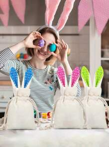 Customizable Easter Bunny Ear Gift Bag, Personalized Name, Handmade Canvas Gift Packaging, Easter Party Decor With Drawstring, Polyester Linen Bag, Animal Pattern Cookie/Candy Bag, Small Gifts, Personalized Gifts - Foldable, Non-Staining, Lightweight, Drawstring Closure, Cute Style, No Tape, Fabric Material, White Color, Patchwork Details - Multicolor - View 9