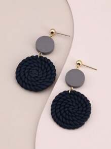 1 Pair Handmade Soft Clay Solid Navy Blue Braided Round Wood Earrings, Personalized Naturalistic Style For Women, Suitable For Vacation, Party, Also As A Gift - Navy Blue - View 1