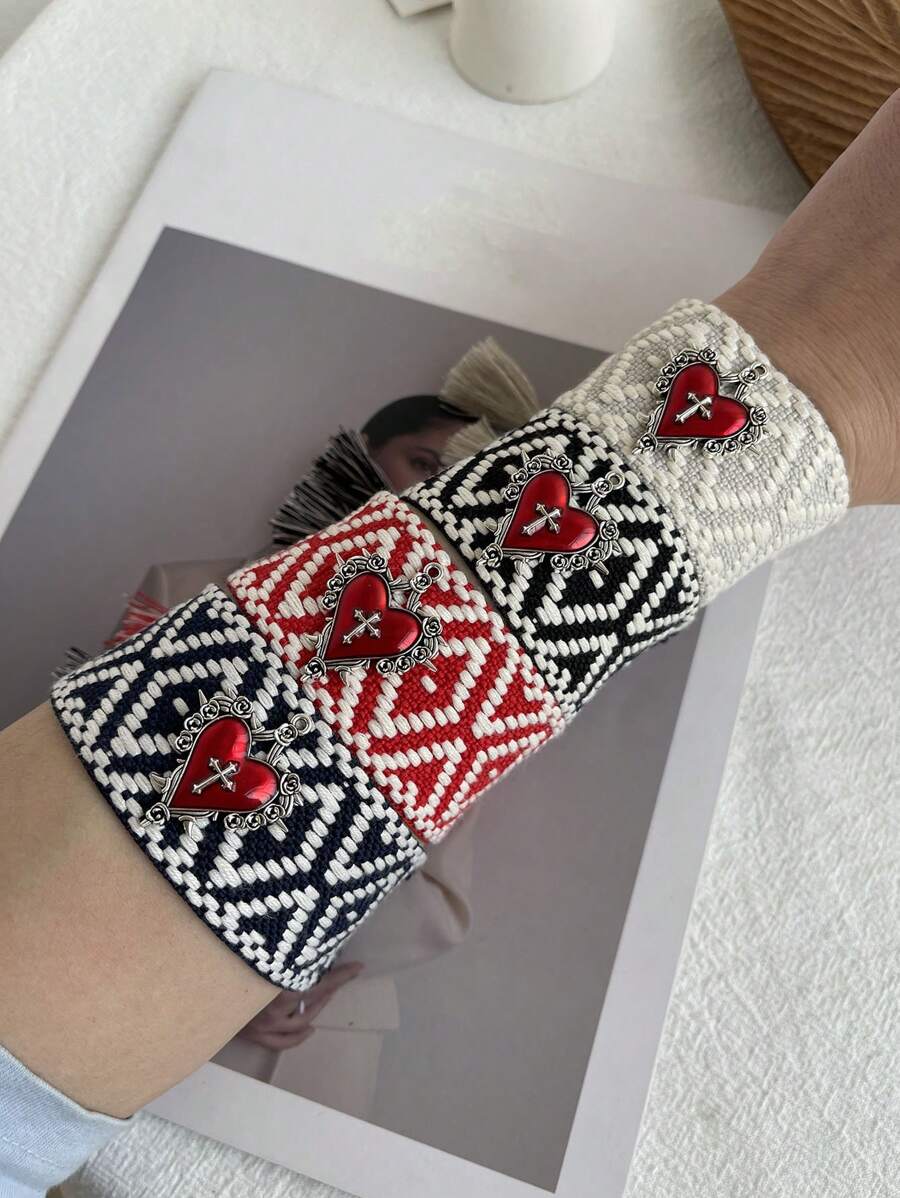 1 件创意时尚简约合金油滴爱心十字编织流苏手串马斯红女士姐妹情侣首饰礼物，适合日常约会聚会派对节日运动度假佩戴红色首饰 - 手繩 - 查看 1