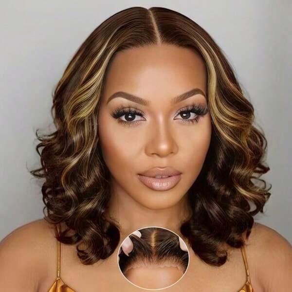 10 Inch 13X4 Transparent Lace HD Lace Front Wig With Baby Hair #4/27 Highlight Natural Wave Glueless Human Hair Water Wave Wig Pre Plucked With Bleached Knots 200 Density For  Woman