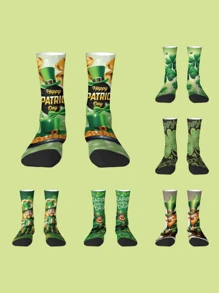 1 双装男女款 3D 数码袜子，绿色三叶草休闲袜，中筒袜，提花卡通图案中筒袜，圣帕特里克节，日常穿着，节日礼物 - 彩色 - 查看 3