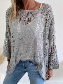 Plus Size Women Loose Hollow Out Knitted Cover Up Top, Versatile Cover Up, Suitable For Spring And Summer, Casual & Versatile - Grey - View 2