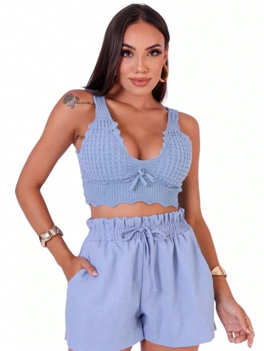 Women's Cropped Blouse In Modal Knitwear - Stylish And Versatile Top For Summer | Fashion Launch - Baby Blue - View 1