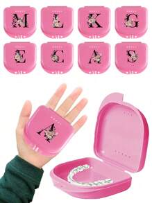 玫瑰图案 A-Z 牙科正畸保持器假牙粉色收纳盒，牙套盒，假牙盒，透气正畸牙套盒，保持器盒，牙科收纳盒，假牙放置盒，易于使用，方便携带，牙套牙套矫正器盒，口腔卫生牙套收纳盒，家用办公宿舍用品，家用收纳用品，牙科配件