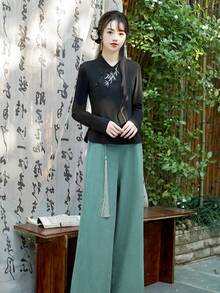 优雅复古中国风竹叶刺绣长袖轻盈休闲唐装 - 黑色 - 查看 7