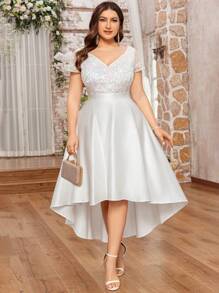 Plus V-Neck Lace Sequin Insert Contrast Satin High Low A-Line Hem Evening Party Formal Dress, Prom Dress, Wedding Guest Dress, New Year Dress, For Birthday, Homecoming, Festivals - White - View 2