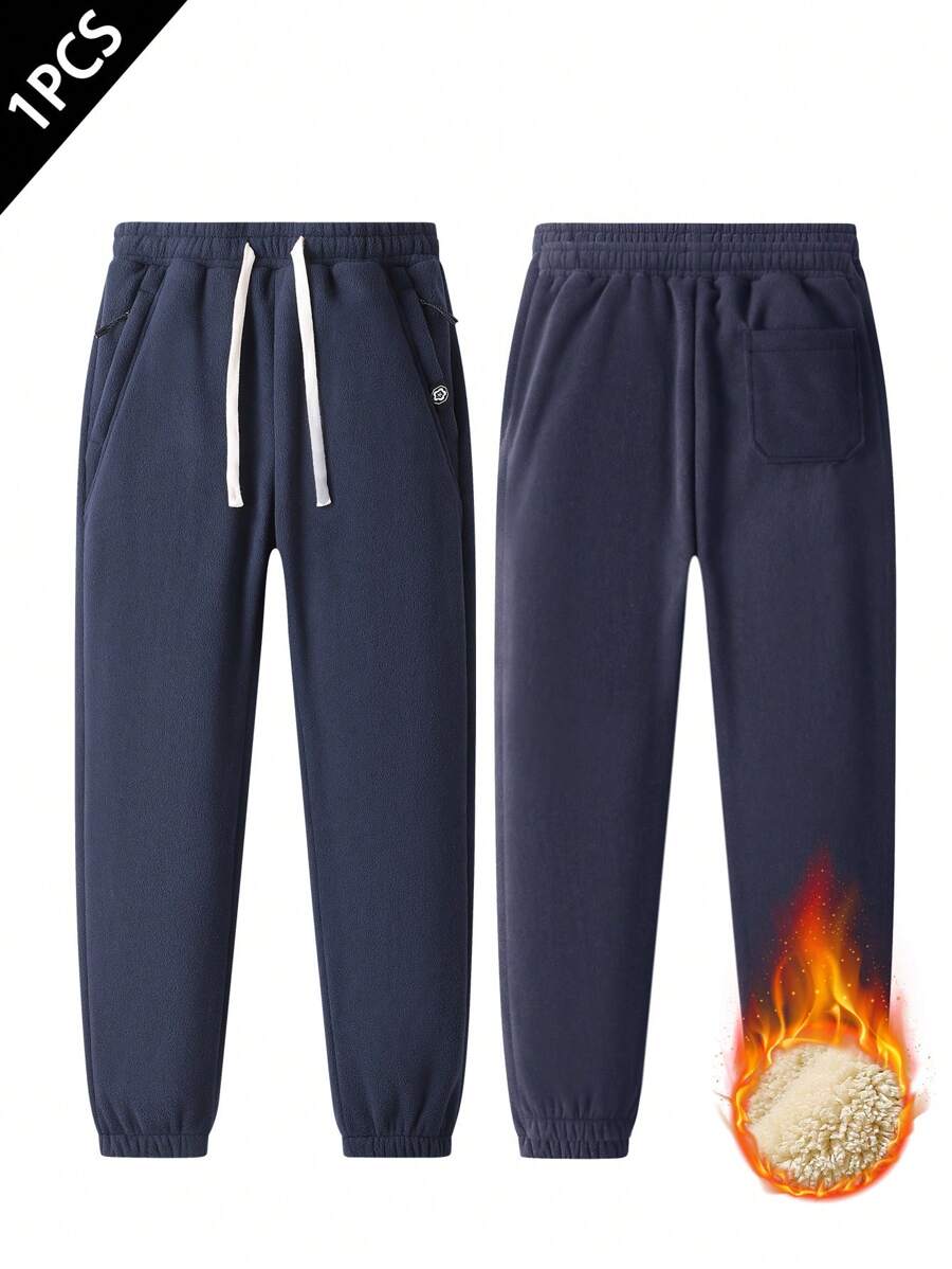 1 件女式保暖羊羔绒内衬运动运动裤慢跑抓绒裤带拉链口袋，舒适保暖休闲裤适合日常休闲和运动 - 藍色 - 查看 1