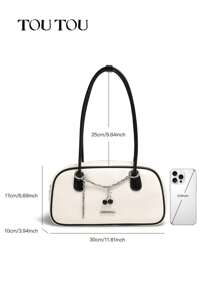 TOUTOU Fashion Creative Contrast Color Cherry Metallic Chain Decor Bowling Bag, Lightweight Sports Leisure Large Capacity Tote Bag, Multipurpose Versatile Shoulder & Underarm Bag Suitable For Commuting And Travel 4961