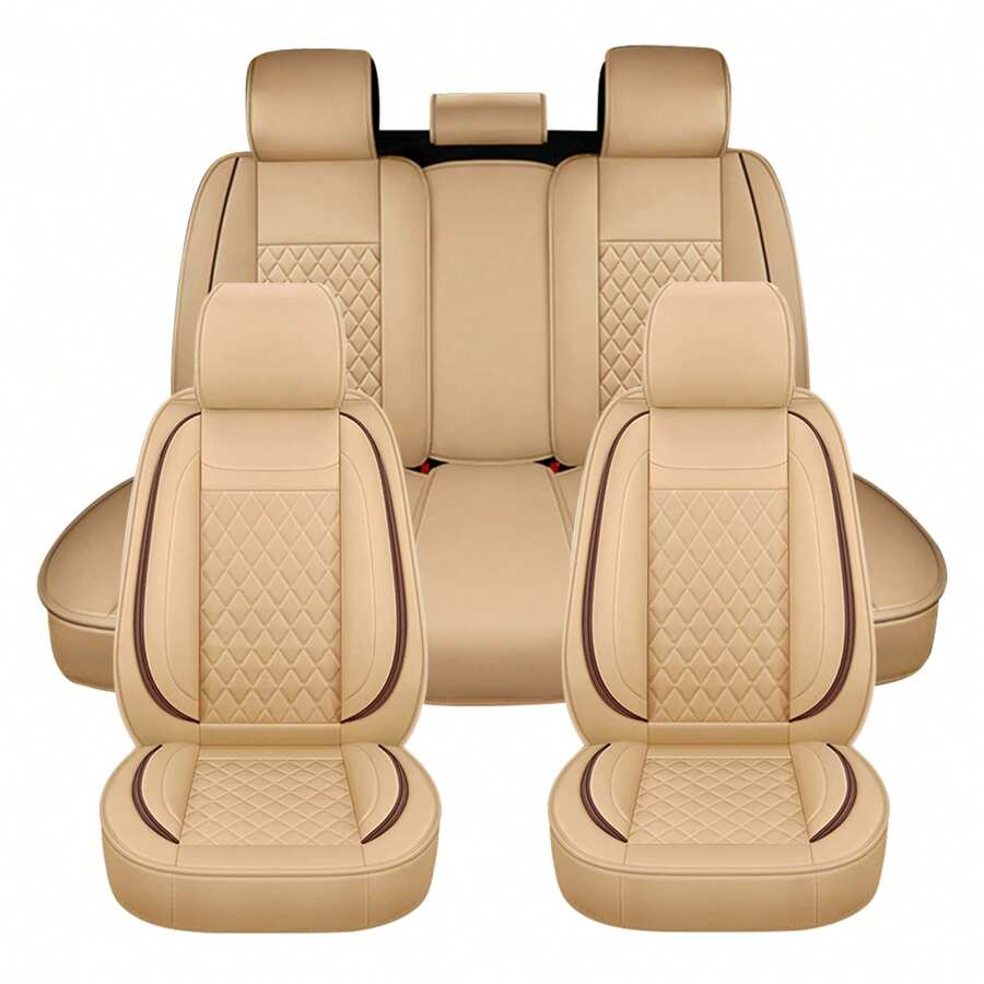 Car Seat Covers With Premium Faux Leather Fit For Almost Cars, SUVs,5Pcs Full Set Car Seat Protection Cushions, Luxury Waterproof Airbag Compatible Car Seat Protectors - Màu be - Xem 1