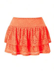 Women Tiered Ruffled Short Skirts Floral Lace Sheer Mid Rise Lined Cute Flowy Mini Skirts - Orange - View 3