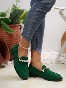 2024 年秋季新款绒面圆头珍珠低跟粗跟高跟鞋，绿色和黑色百搭平底乐福鞋，女士 - 綠色 - 查看 5