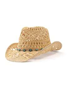 1 件波西米亚风格纯色草编串珠巴拿马风格草帽，西部牛仔帽，男女百搭休闲帽，四季皆宜 - 巴拿馬禮帽 - 查看 6