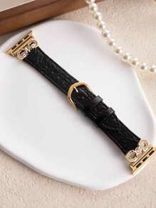 1条兼容苹果手表的表带，女士金色水钻金属闪亮蝴蝶结缝制黑色皮革表带，适用于38/40/41/42/44/45/46/49毫米表盘，兼容苹果手表Ultra2/SE/11/10/9/8/7/6/5/4/3/2/1系列，优雅时尚女士手表配件，智能手表表带，独特个性风格 - 黑色 - 查看 4