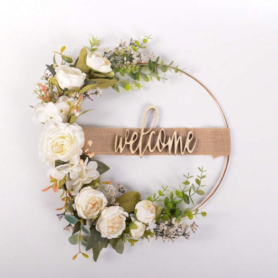 1 vòng hoa nhân tạo có biển chào mừng, lá nho và hoa thược dược trang trí cho cửa trước, mọi mùa