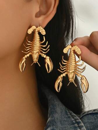 2 pares de pendientes con diseño de 2025 europeo y americano de color dorado con cierre de langosta y concha gigante incrustados de rhinestone, chapado en oro de 18k, joyería exagerada y sexy para mujeres. La parte de la langosta roja tiene algunos defectos de pintura hechos a mano y manchas, lo cual es normal e inevitable