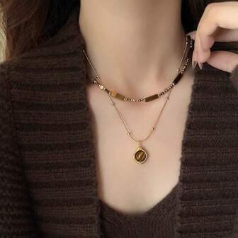 复古优雅多层虎眼石吊坠项链女士双层锁骨链套装珠宝