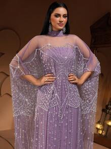 New Luxury High-End Sequin, Sequins & Lace Patchwork Elastic Underlayer Women's Elegant 2 Pieces Turkish Robe Dress (Size Runs Large, Customers Advised To Check Size Chart When Ordering) - Màu tím - Xem 6