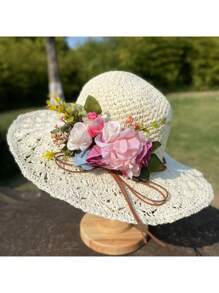 女士手工花卉编织草帽，时尚简约风格，适合旅行、海滩、度假穿着，可折叠且用途广泛 - 彩色 - 查看 3