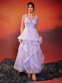 Vestido maxi elegante de unicolor con dobladillo de malla de contraste decorado para mujeres - Morado - Ver 5