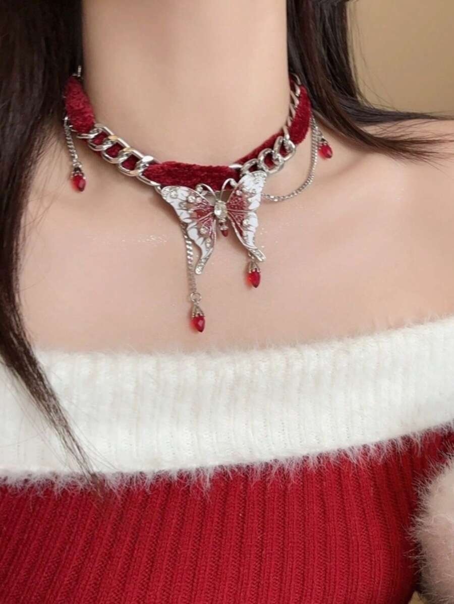 1 件朋克复古风格女士项链，带蝴蝶链，分层项链，适合派对/街头造型 - 蝴蝶型 - 查看 1