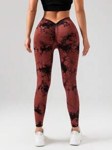 Pantalones de yoga con efecto tie-dye y cintura en V sexys para mujer, leggings elásticos atléticos para hacer ejercicio, correr y actividades al aire libre - Café integral - Ver 4
