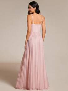 EVERPRETTY V-Neck Spaghetti Strap Silver Thread Bridesmaid Dress - Pink - View 3